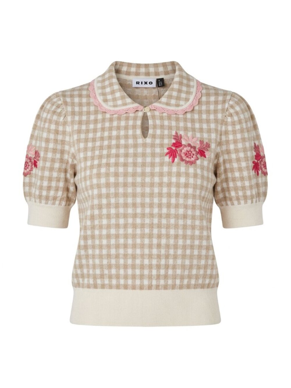 Rixo Annalise Gingham Floral Embroidered Knit Top Tan White XS